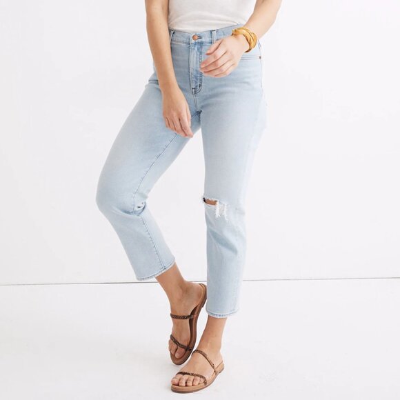 Madewell Tall Mid-Rise Classic Straight Jeans Wellingford Wash Knee-Rip Edition - Picture 2 of 7